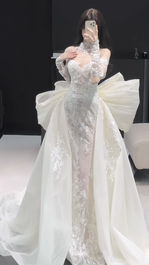 Pretty White Bridal Gown Sheath Lace Beaded Long Wedding Dress DP08189