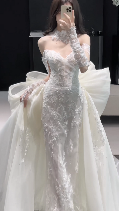 Pretty White Bridal Gown Sheath Lace Beaded Long Wedding Dress DP08189