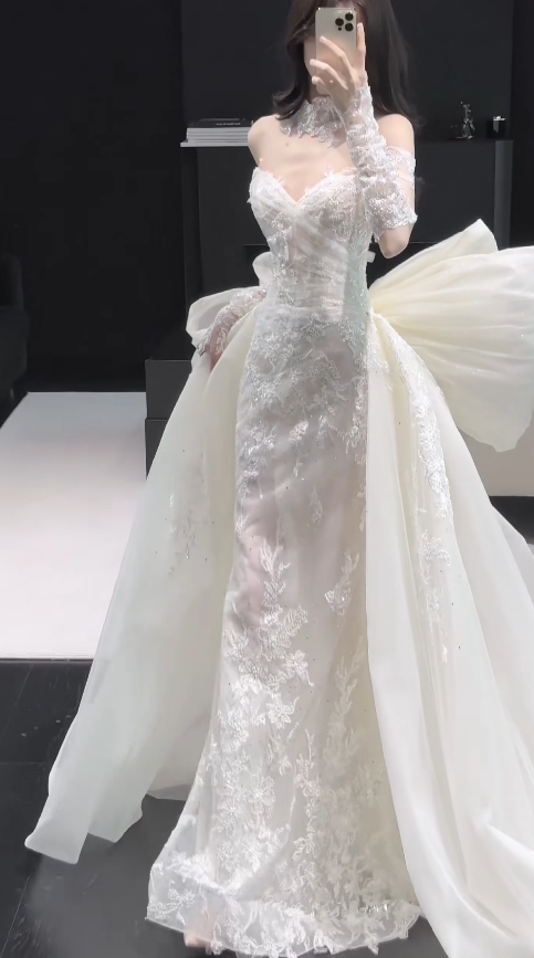 Pretty White Bridal Gown Sheath Lace Beaded Long Wedding Dress DP08189