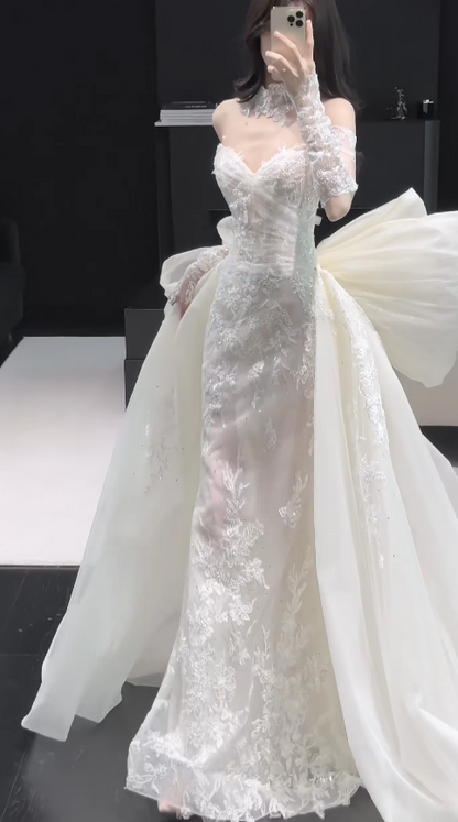 Pretty White Bridal Gown Sheath Lace Beaded Long Wedding Dress DP08189