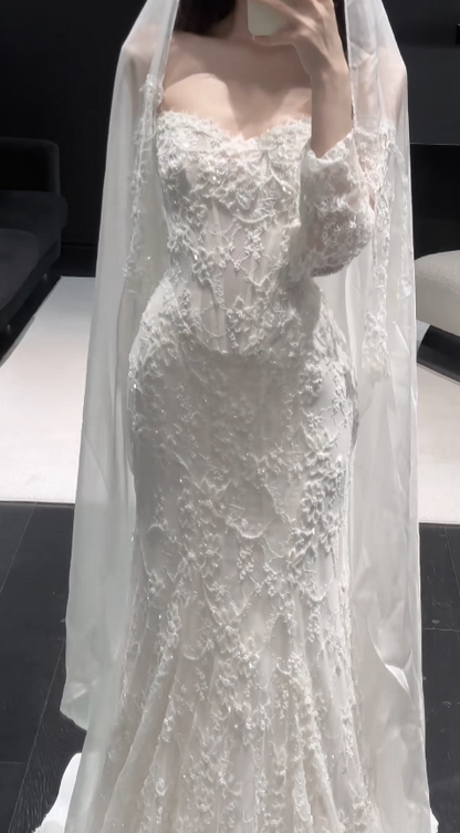 Pretty White Bridal Gown Sheath Lace Beaded Long Wedding Dress DP08189