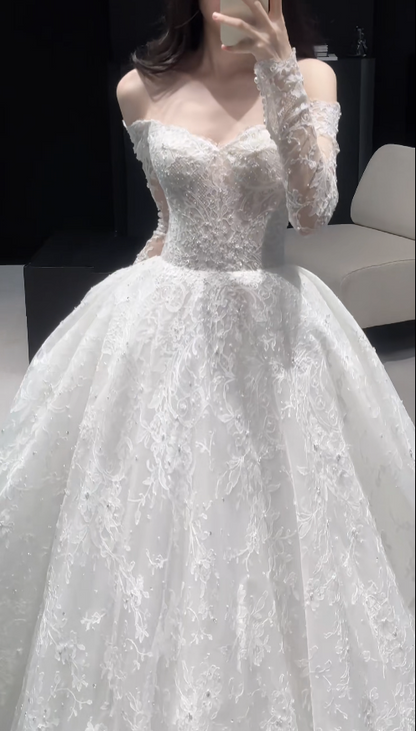 Schönes weißes Brautkleid A-Linie Spitze langes Hochzeitskleid DP08190