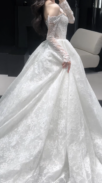 Schönes weißes Brautkleid A-Linie Spitze langes Hochzeitskleid DP08190