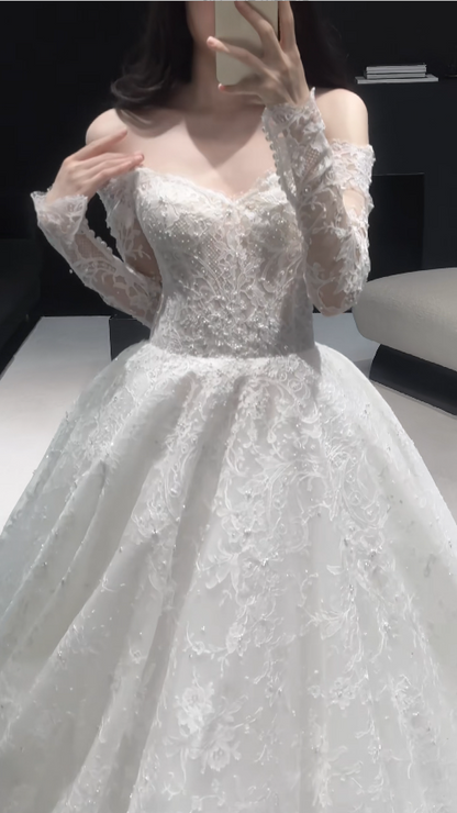 Schönes weißes Brautkleid A-Linie Spitze langes Hochzeitskleid DP08190