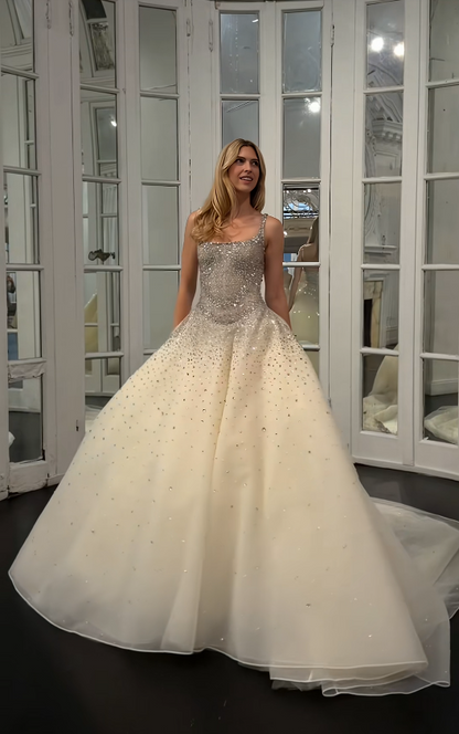 Schönes helles champagnerfarbenes Brautkleid in A-Linie mit Pailletten und Tüll, langes Hochzeitskleid DP08192