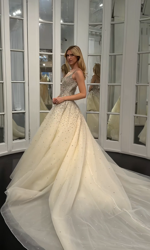 Schönes helles champagnerfarbenes Brautkleid in A-Linie mit Pailletten und Tüll, langes Hochzeitskleid DP08192