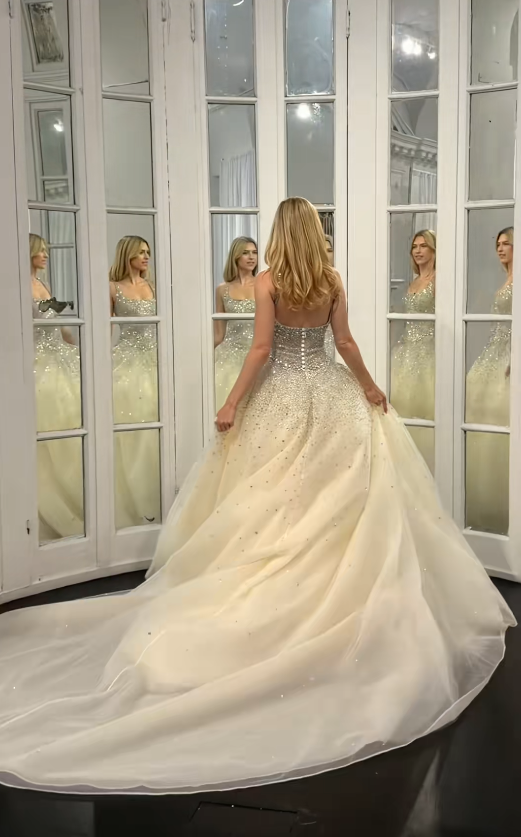 Schönes helles champagnerfarbenes Brautkleid in A-Linie mit Pailletten und Tüll, langes Hochzeitskleid DP08192