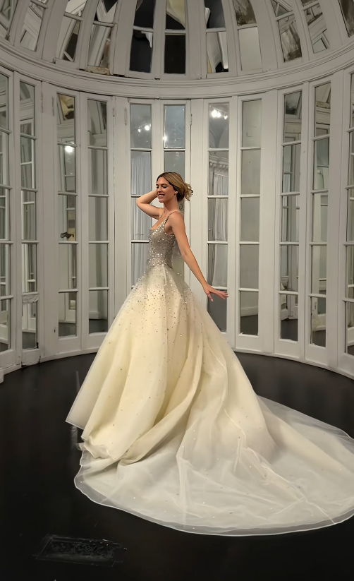 Schönes helles champagnerfarbenes Brautkleid in A-Linie mit Pailletten und Tüll, langes Hochzeitskleid DP08192