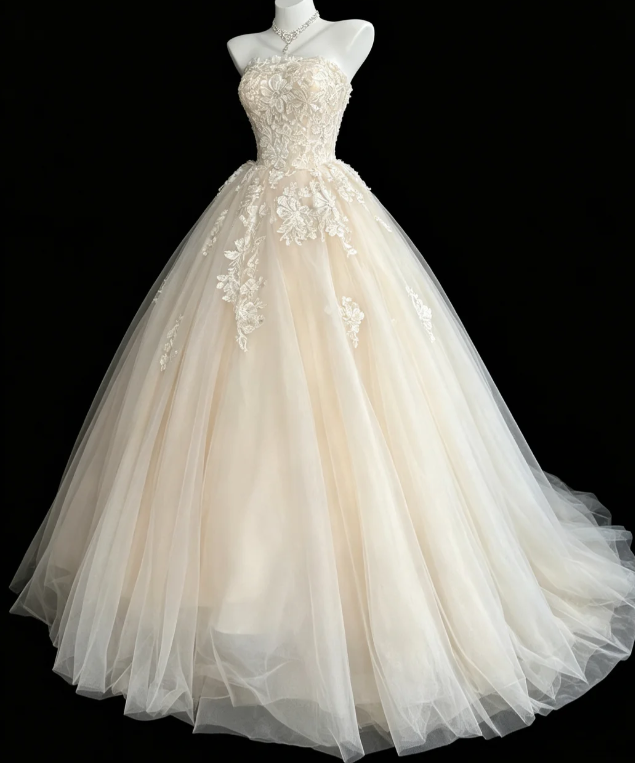 Pretty White Bridal Gown A-Line Lace Tulle Long Wedding Dress DP08193