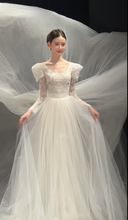 Pretty White Bridal Gown A-Line Tulle Long Wedding Dress DP08197