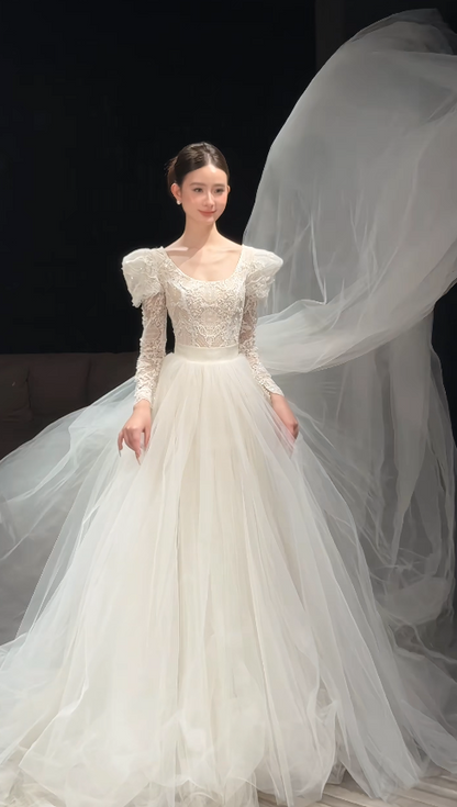Pretty White Bridal Gown A-Line Tulle Long Wedding Dress DP08197