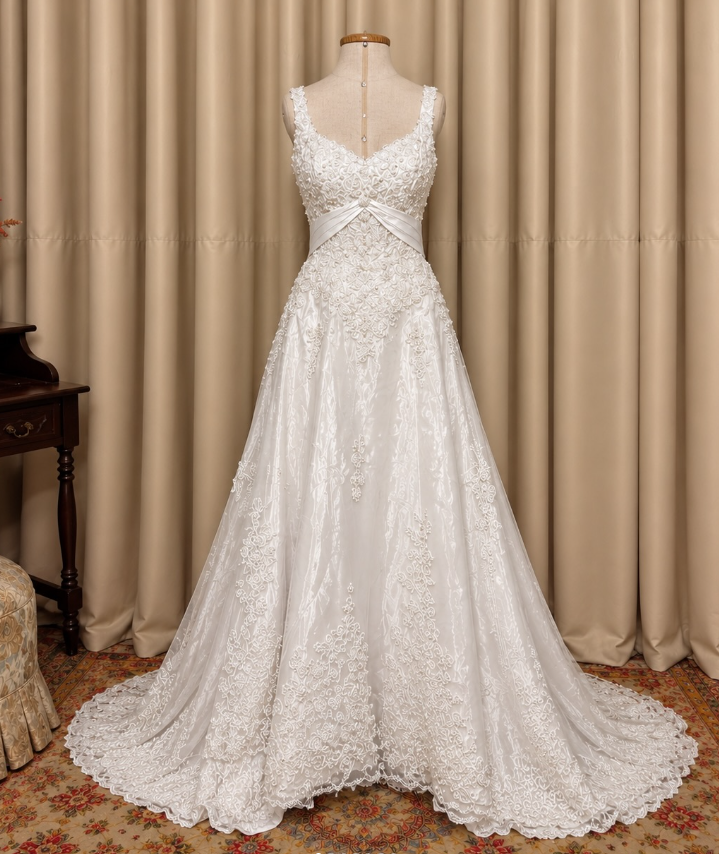 Pretty White Bridal Gown A-Line Tulle Appliques Long Wedding Dress DP08198