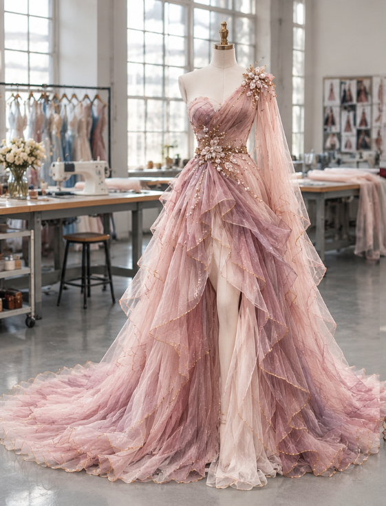 Gorgeous Pink Prom Dress A-Line Tulle Appliques Long Evening Dress DP08200