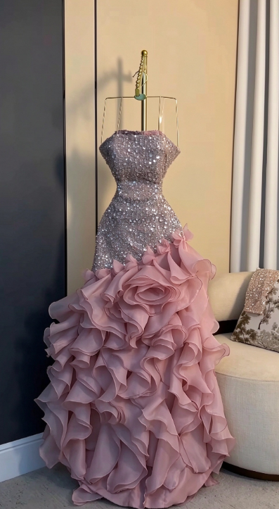 Fairy Pink Prom Dress A-Line Chiffon Sequins Long Evening Dress DP08203