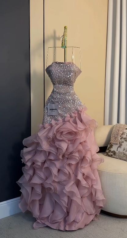 Fairy Pink Prom Dress A-Line Chiffon Sequins Long Evening Dress DP08203