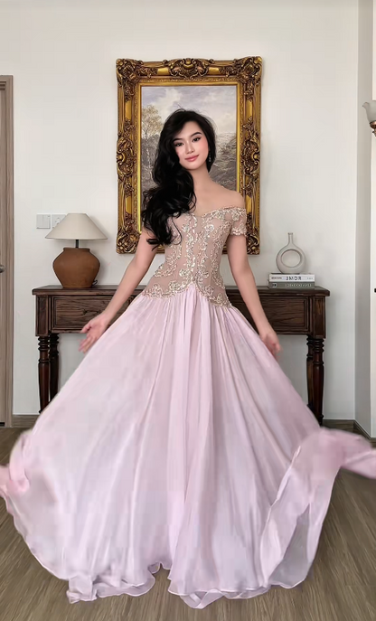 Fairy Pink Prom Dress Sheath Chiffon Long Evening Dress DP08207