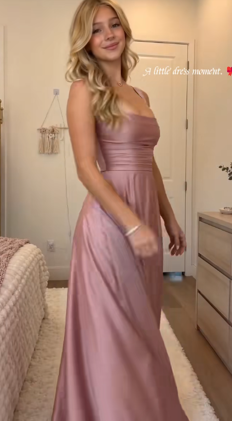 Robe de bal Fairy rose poudré, robe de soirée longue en satin coupe trapèze DP08208