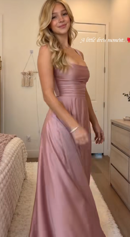 Robe de bal Fairy rose poudré, robe de soirée longue en satin coupe trapèze DP08208