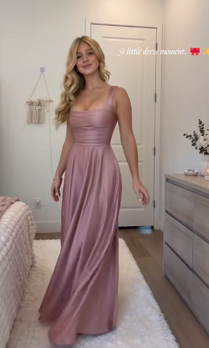 Robe de bal Fairy rose poudré, robe de soirée longue en satin coupe trapèze DP08208