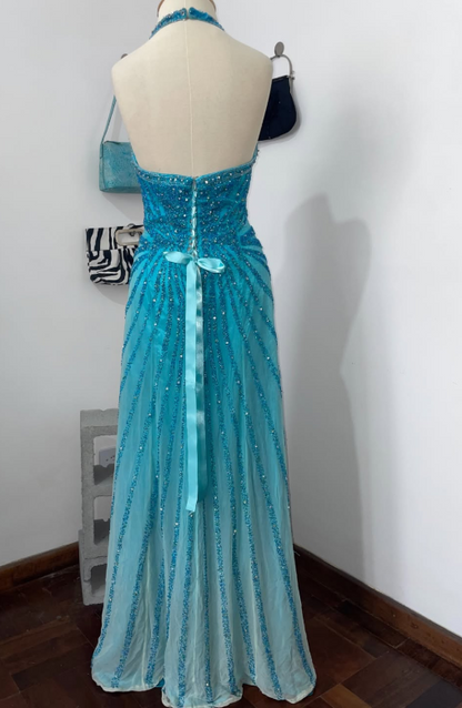 Elegant Blue Prom Dress Sheath Sequins Chiffon Long Evening Dress DP08212