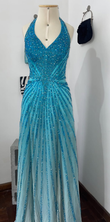 Elegant Blue Prom Dress Sheath Sequins Chiffon Long Evening Dress DP08212
