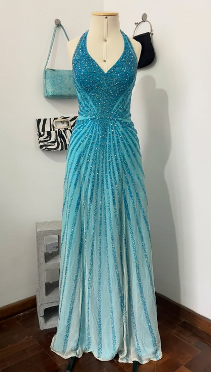 Elegant Blue Prom Dress Sheath Sequins Chiffon Long Evening Dress DP08212