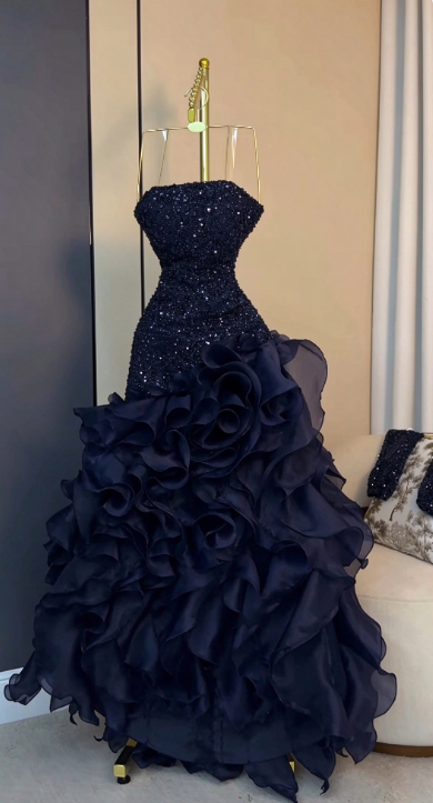 Elegantes marineblaues A-Linien-Ballkleid mit Pailletten und Chiffon, langes Abendkleid DP08213