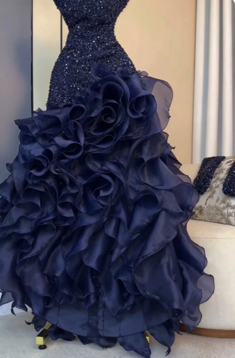 Elegantes marineblaues A-Linien-Ballkleid mit Pailletten und Chiffon, langes Abendkleid DP08213