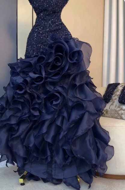 Elegantes marineblaues A-Linien-Ballkleid mit Pailletten und Chiffon, langes Abendkleid DP08213