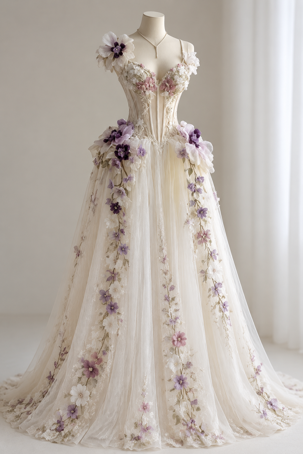 Elegant White Prom Dress A-Line Tulle Flower Long Evening Dress DP08216