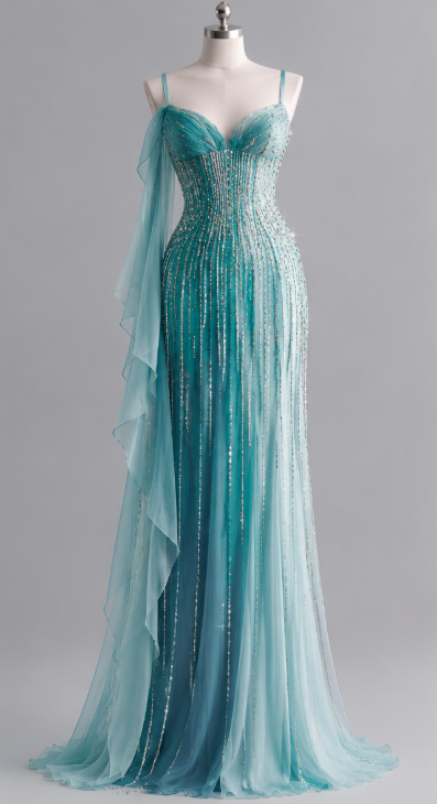 Vintage Blue Prom Dress Sheath Beaded Chiffon Long Evening Dress DP08223