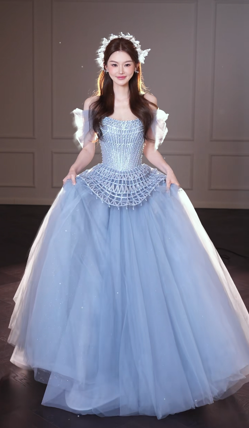 Schickes blaues A-Linien-Abendkleid aus Tüll, langes Ballkleid DP08228