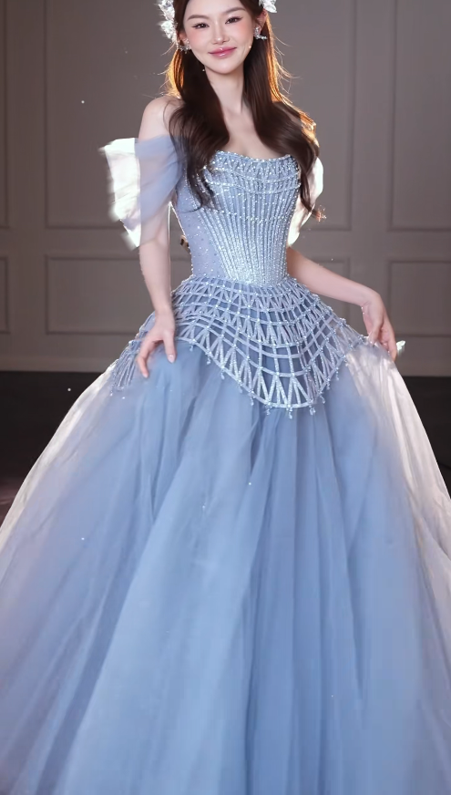 Schickes blaues A-Linien-Abendkleid aus Tüll, langes Ballkleid DP08228