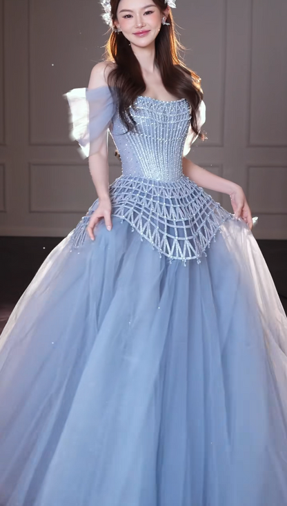 Schickes blaues A-Linien-Abendkleid aus Tüll, langes Ballkleid DP08228