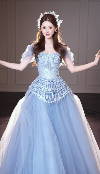 Schickes blaues A-Linien-Abendkleid aus Tüll, langes Ballkleid DP08228