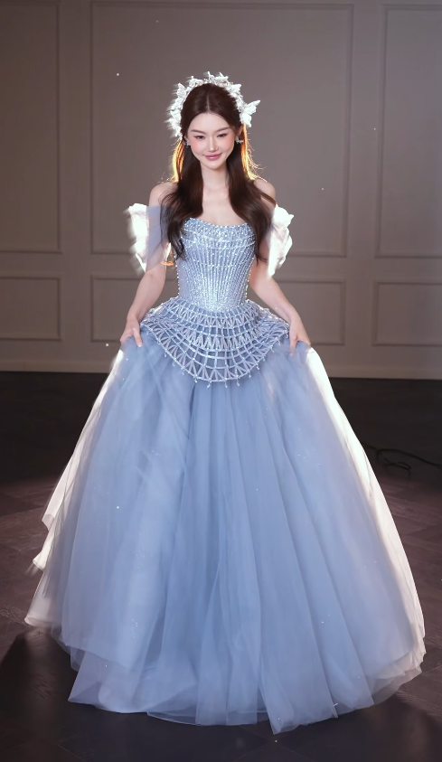 Schickes blaues A-Linien-Abendkleid aus Tüll, langes Ballkleid DP08228