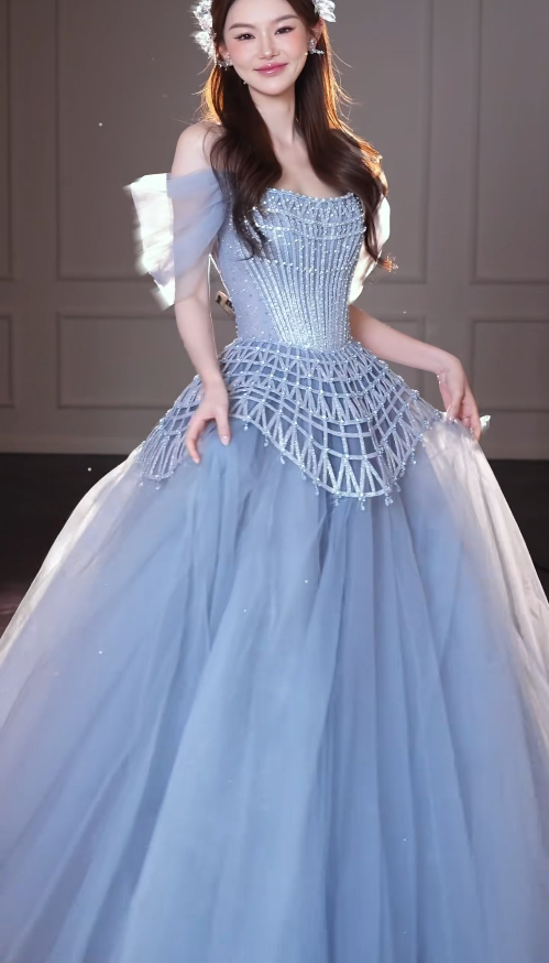 Schickes blaues A-Linien-Abendkleid aus Tüll, langes Ballkleid DP08228