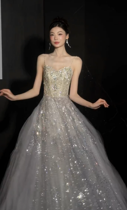 Robe de bal chic argentée, coupe trapèze, en tulle à sequins, longue robe de soirée DP08229