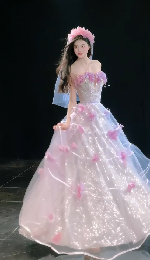 Chic Pink Prom Dress A-Line Tulle Flower Long Evening Dress DP08230