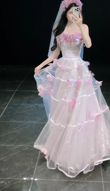 Chic Pink Prom Dress A-Line Tulle Flower Long Evening Dress DP08230