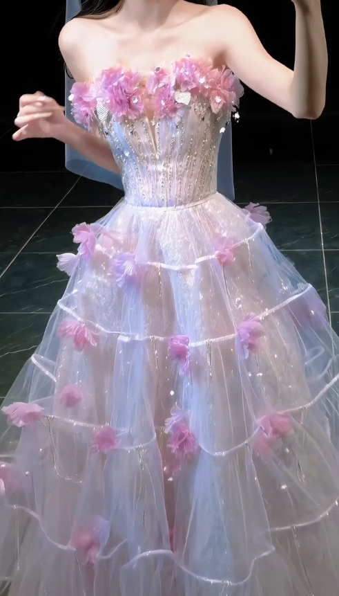 Chic Pink Prom Dress A-Line Tulle Flower Long Evening Dress DP08230