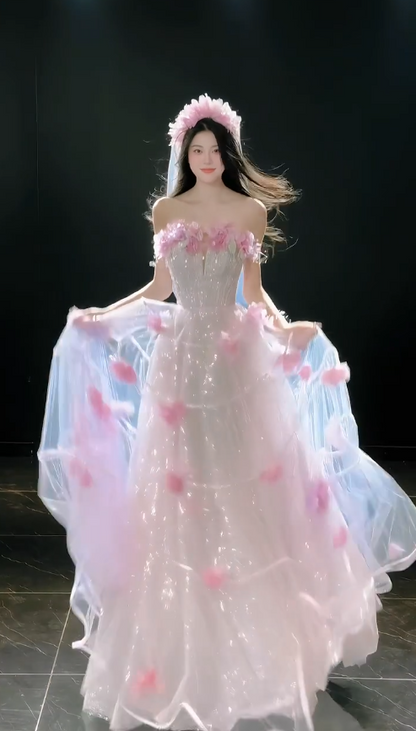 Chic Pink Prom Dress A-Line Tulle Flower Long Evening Dress DP08230