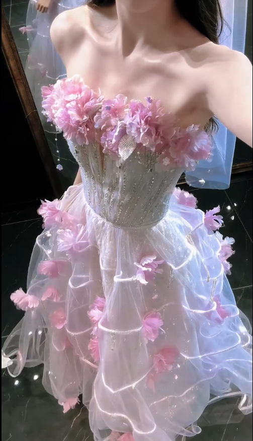 Chic Pink Prom Dress A-Line Tulle Flower Long Evening Dress DP08230