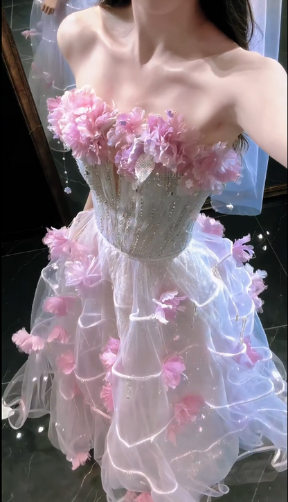 Chic Pink Prom Dress A-Line Tulle Flower Long Evening Dress DP08230