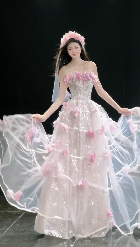 Chic Pink Prom Dress A-Line Tulle Flower Long Evening Dress DP08230