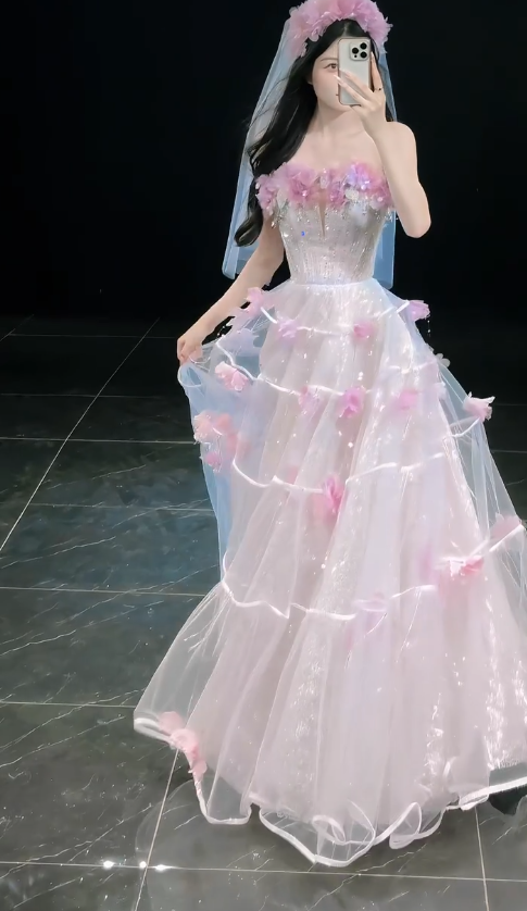 Chic Pink Prom Dress A-Line Tulle Flower Long Evening Dress DP08230
