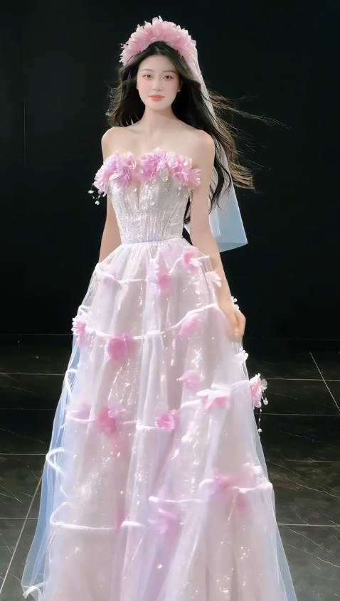 Chic Pink Prom Dress A-Line Tulle Flower Long Evening Dress DP08230