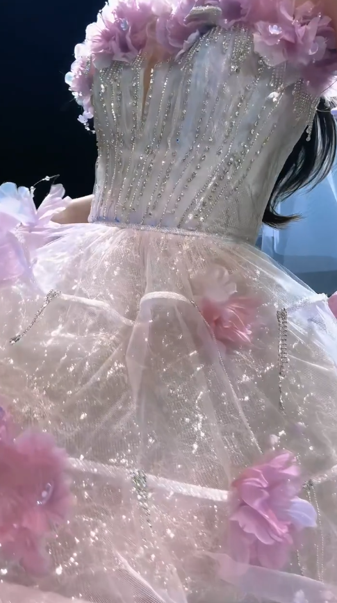 Chic Pink Prom Dress A-Line Tulle Flower Long Evening Dress DP08230