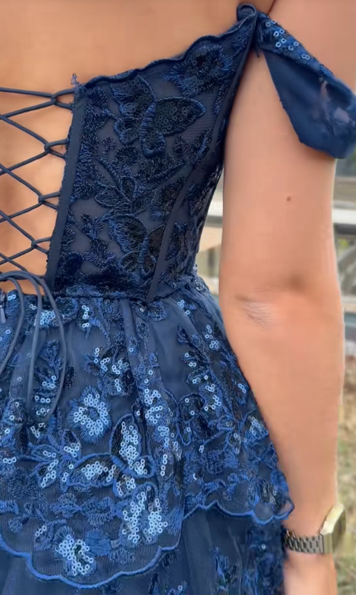 Robe de bal chic bleu marine coupe trapèze en tulle à appliqués de sequins robe de soirée longue DP08234
