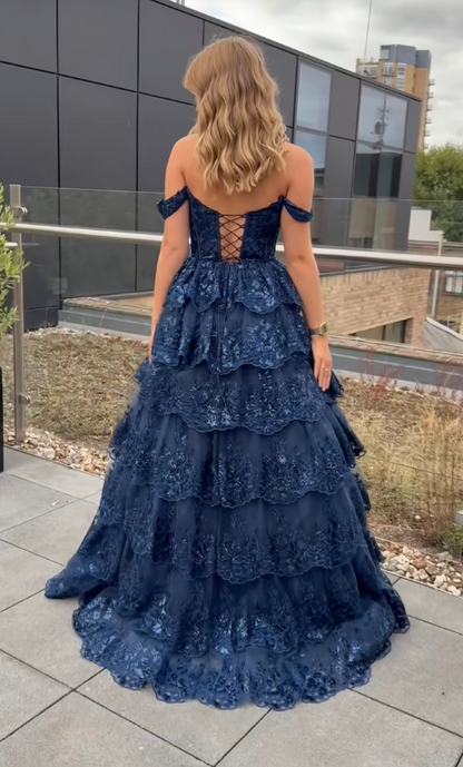 Robe de bal chic bleu marine coupe trapèze en tulle à appliqués de sequins robe de soirée longue DP08234